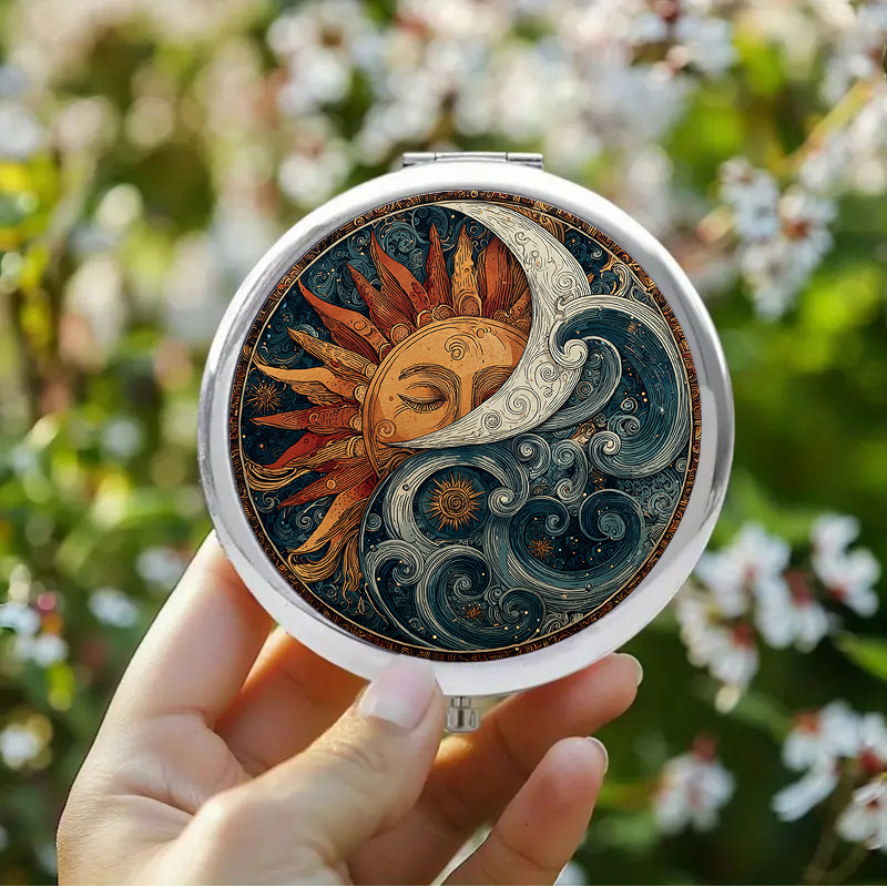 TEMU 1pc 2d Flat Vintage Makeup Mirror Featuring With Closed Eyes And Orange On And A White With Intricate Scroll Patterns On Perfect As A Wedding