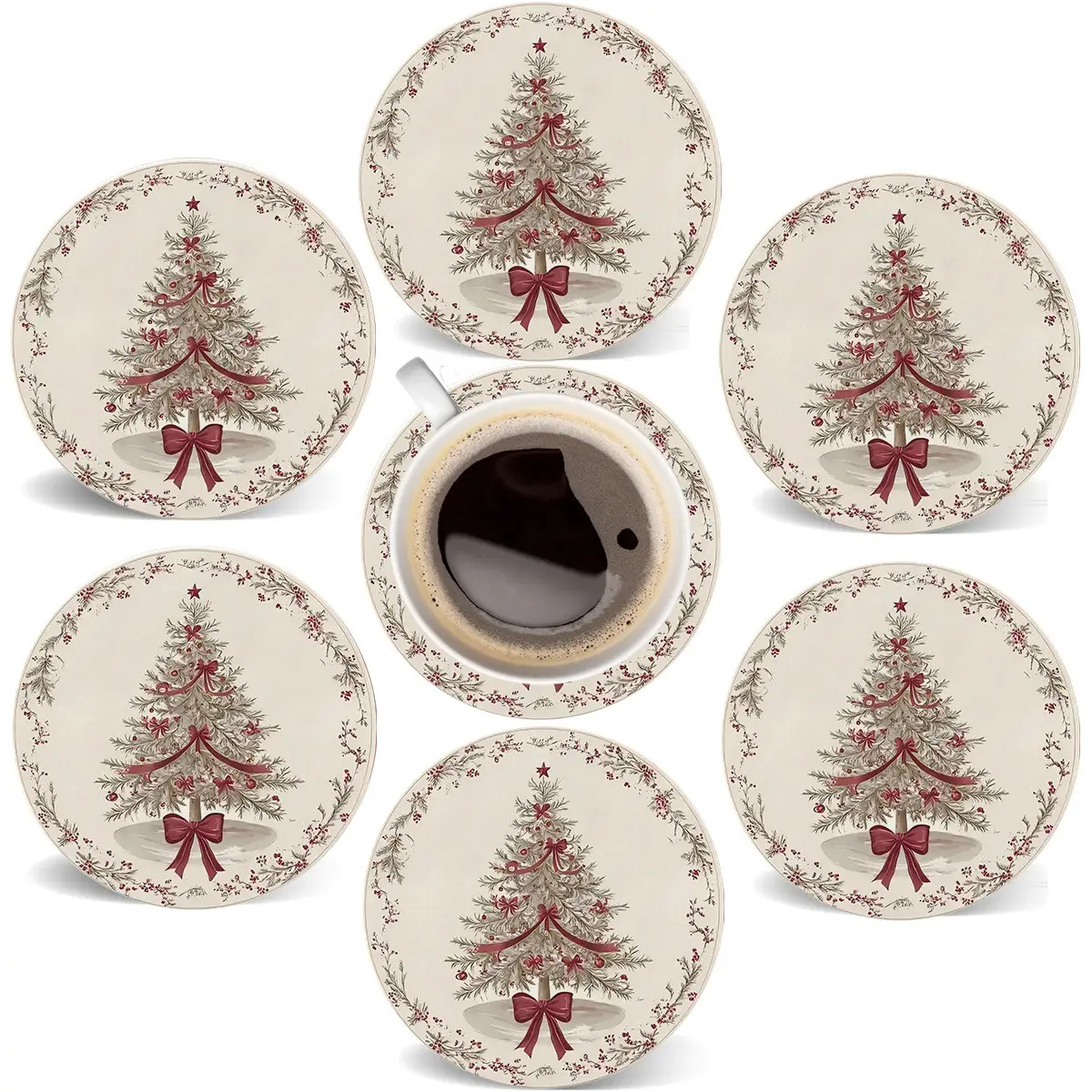TEMU 6-pack Christmas Atmosphere Tree And Pattern Wooden Coasters - Round Tabletop Protectors With Red , Coasters, Perfect For Decor And Housewarming