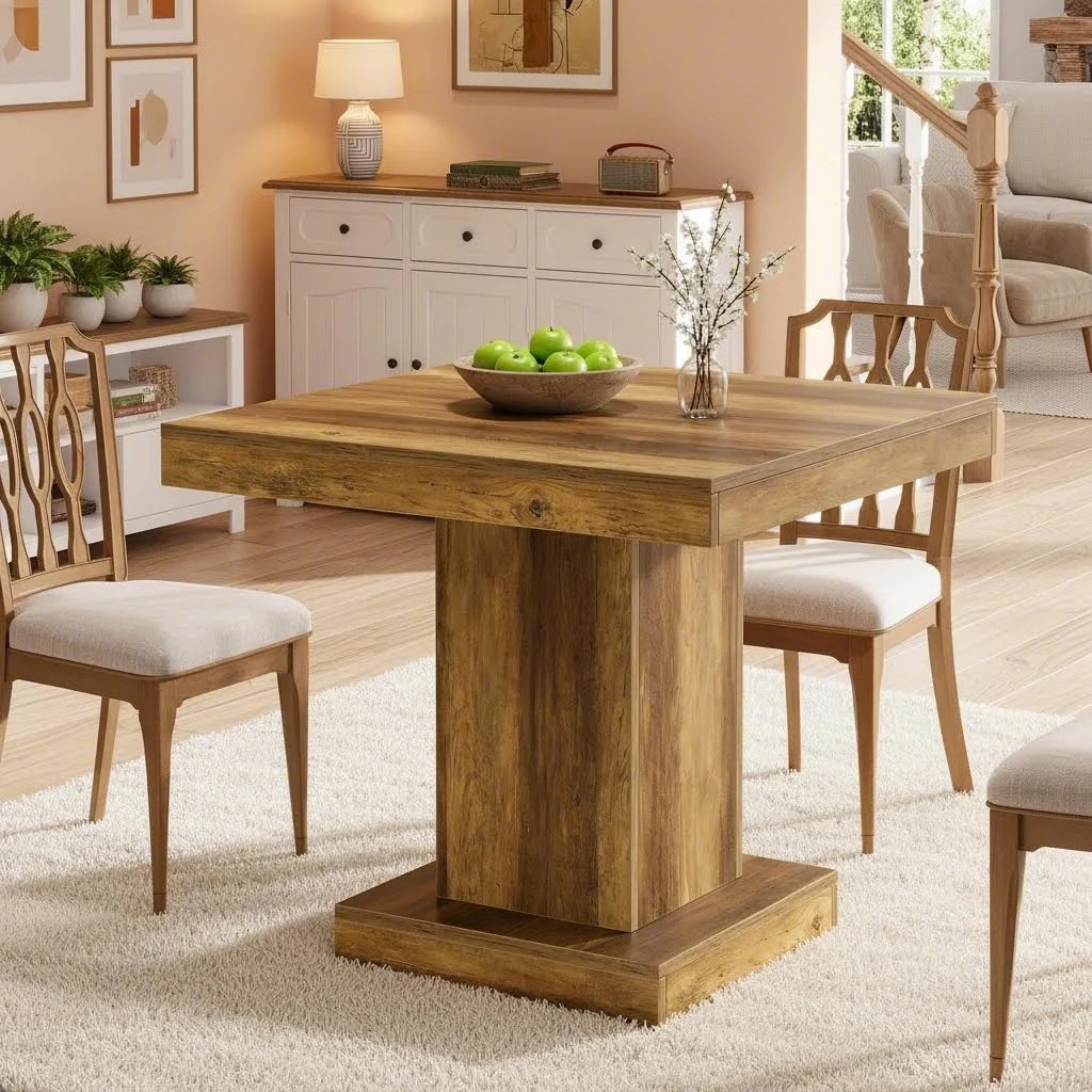 TEMU -inch Square Dining Table For 4 With Heavy-duty Pedestal Base - Kitchen Table, Space-saving Rustic Brown Wood Table For Small Spaces, Assembly,