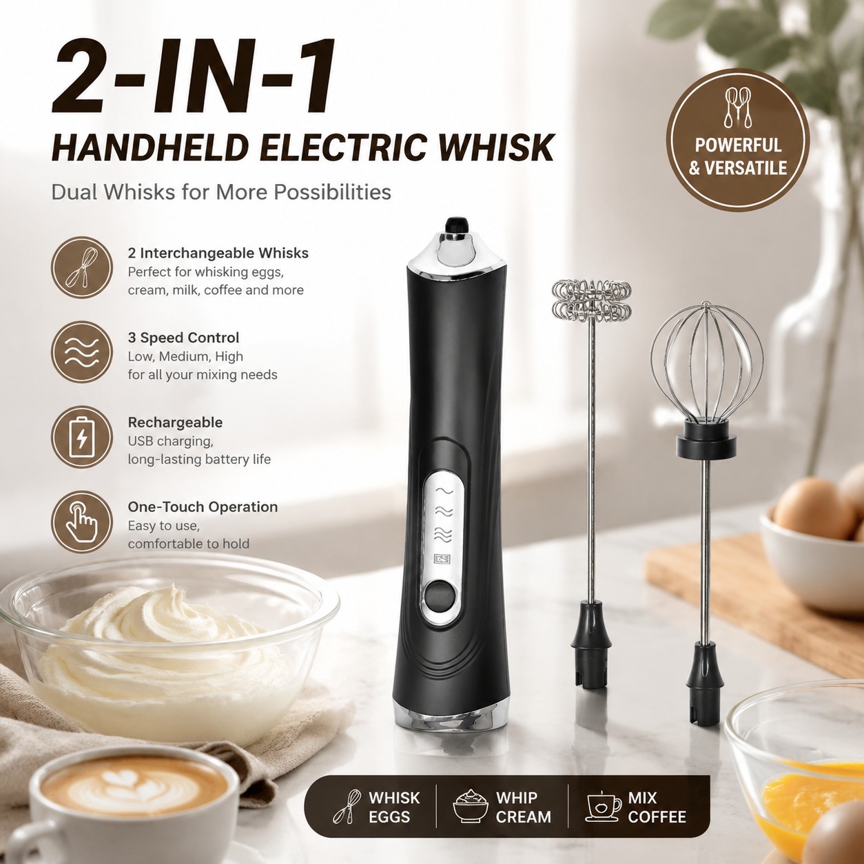 TEMU New Dual-head Electric Milk Frother, Usb Rechargeable Coffee Milk Frother For Home Use, Handheld Whisk And Egg Beater, Food Mixer, With 2