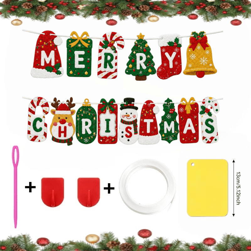 TEMU 2d Flat - 2d Flat - 15pcs Classic Flat Printed Christmas Felt Banner, Merry Christmas Letter Party Banner, Decorative Felt Bunting With Santa