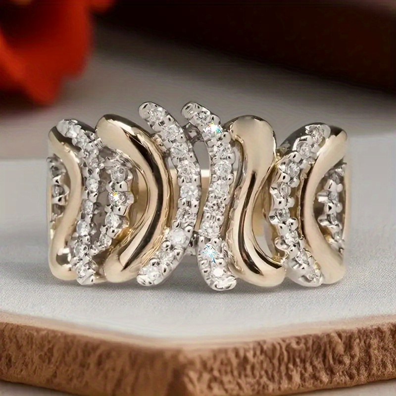 TEMU Elegant 14k Golden-plated Copper Engagement Ring With Heart-shaped Design & Accents – Valentine's Day, Weddings, Anniversaries, And Special
