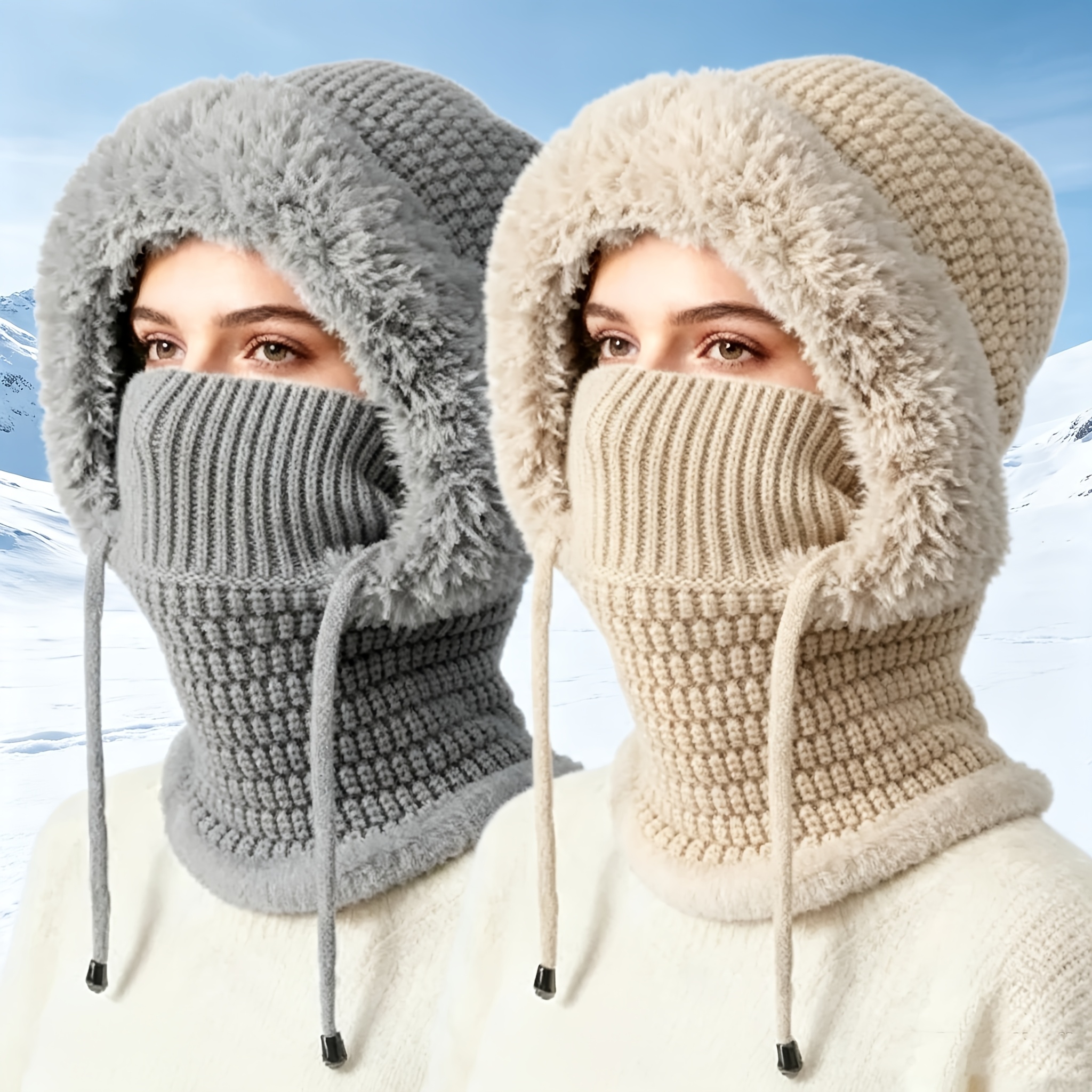 Image of 2 Pack Women' 3-in-1 Beanie Hat Balaclava Winter Hooded Scarf - Windproof Face Mask & Neck Suitable For Skiing, Snowboarding, Outdoor Activities, Cold Weather, Multi-functional For