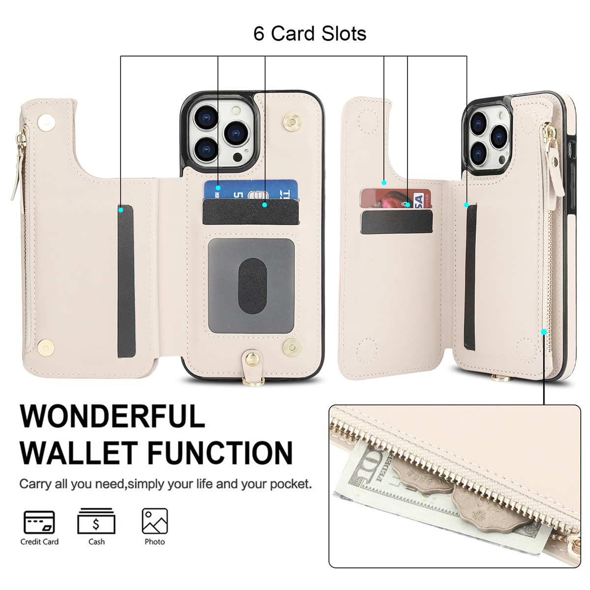 Wallet Case for iPhone 16/ 15/ 14/ 13/ 12/ 11 Pro Max 16 Plus/ 15 Plus/ 14 Plus/ 13 Mini/ 12 Mini/ 7/ 8/ SE 2020/ SE 2022 with Card Slot Holder, Magnetic Flip Folio Purse Case, Zipper Handbag with Detachable Lanyard Strap