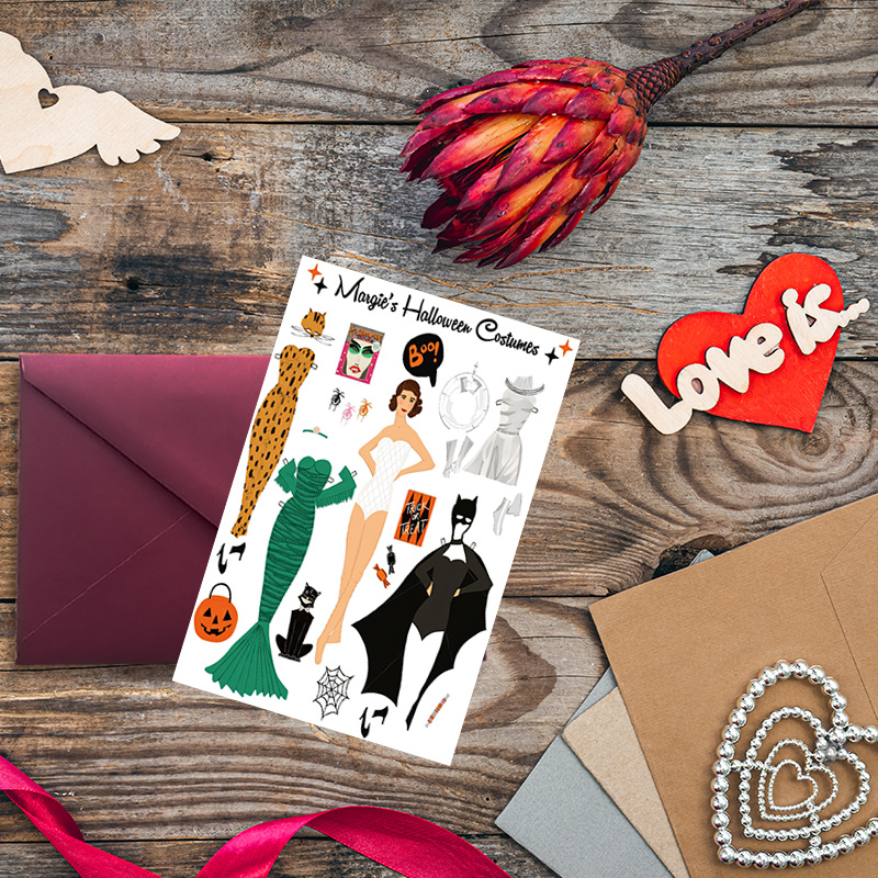 1pc, halloween card,   of paper dolls dressed up halloween. with envelope, 2d flat, as cards,   are suitable gifting to  , halloween greeting card, holiday  , paper doll card, halloween stationery, dressed up dolls, costume-themed art, lightweight cardstock, pre-printed envelope, family greeting  , halloween  , 2d flat 0