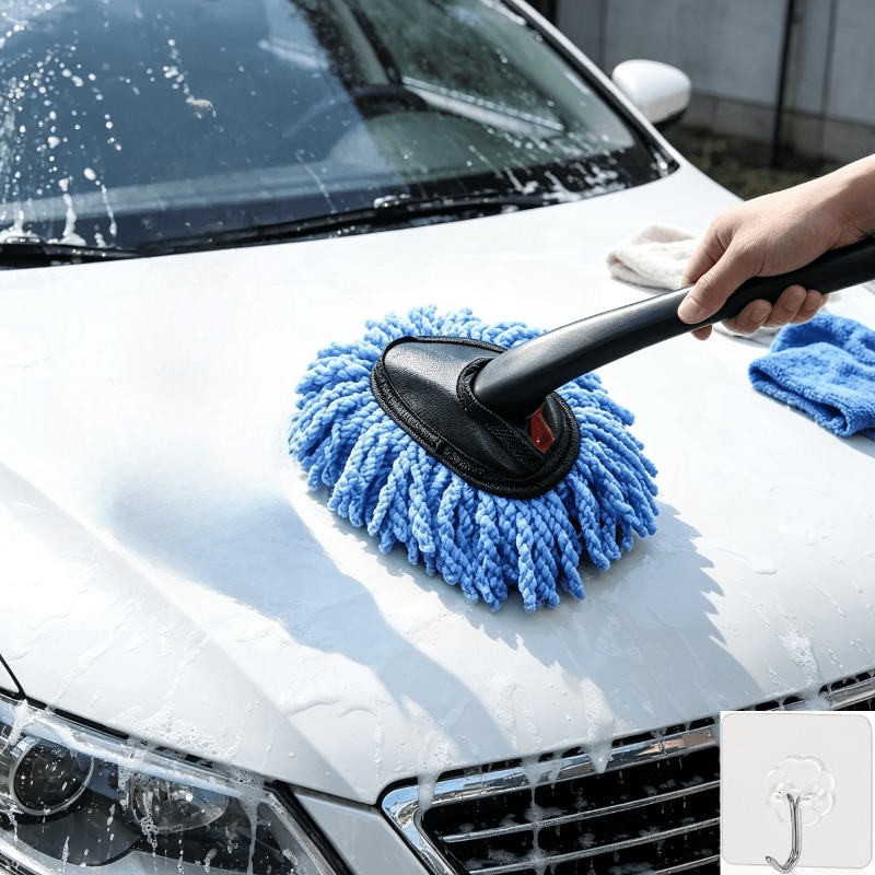 TEMU 2pcs Set Chenille Car Duster, Includes 1 Duster + 1 Storage Hook, Soft-bristle Car Cleaning Tool, Safe For Car Paint, Anti-static, No Shedding,