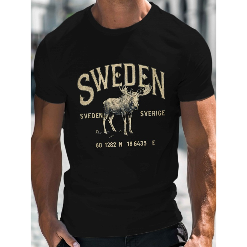 

Men's Sweden Moose Graphic T-shirt, Casual Crew Neck Short Sleeve, Lightweight Summer Tee With , Black Polyester , Comfortable For Casual Attire, Summer Casual Wear | Motif Apparel | Smooth Fabric Tee