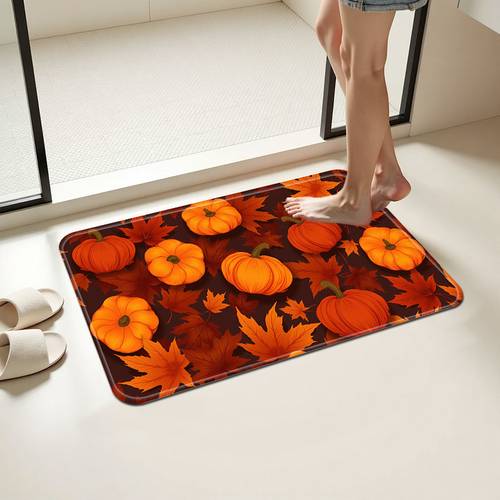 item picture 1pc hd 2d flat printed floor mat orange red pumpkin maple leaf pattern doormat fleece material with plasticized machine washable suitable for doorway entrance hallway bathroom room bedroom and office home decor