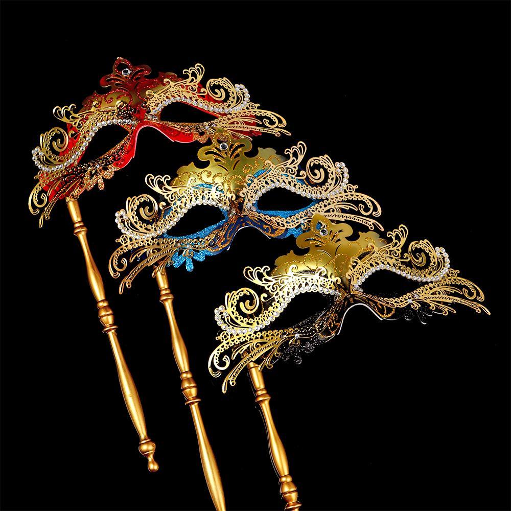 Elegant Venetian-Style Masquerade Mask with Matching Stick - Golden & Red/Black, Rhinestone Embellished, Comfort Fit for Halloween, Mardi Gras, Costume Parties, Halloween Costumes