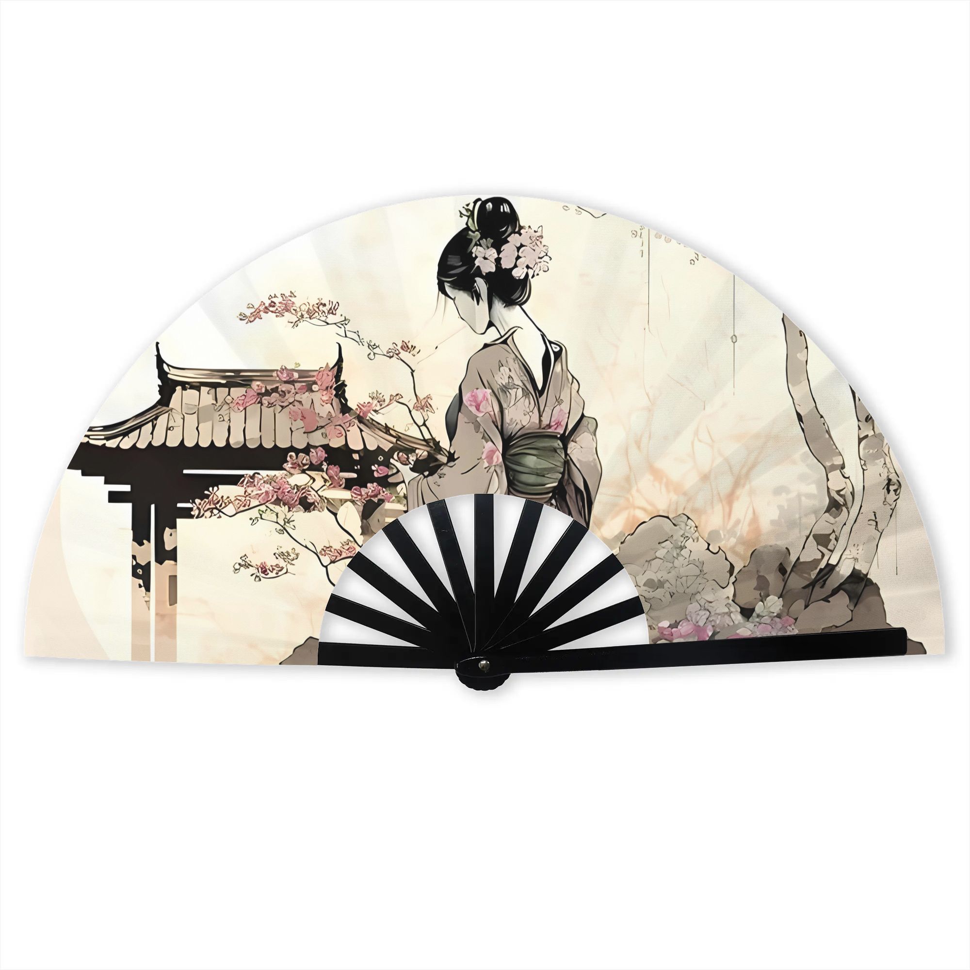 TEMU 2d Print Design Japanese Geisha Foldable Hand Fan Unisex Outdoor Events, Without Battery