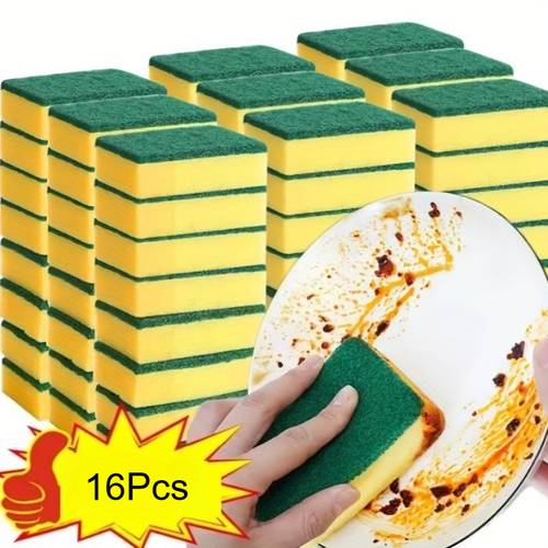 16 Heavy-Duty Non-Stick Kitchen Sponges - Oil-Resistant, Durable, Multi-Purpose Cleaning Pads with Serrated Edges, Available in Green/Yellow/Black, Suitable for Pots, Pans, Dishes, Countertops - Individually Packaged (Commercial Use)