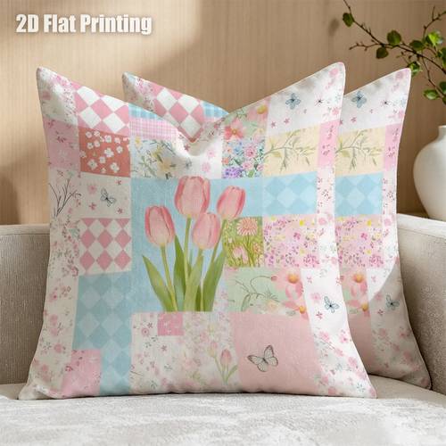 2d flat 2pcs cottagecore vintage floral tulip pattern cushion covers double prints for room bedroom nook new floral decor enthusiasts no insert included