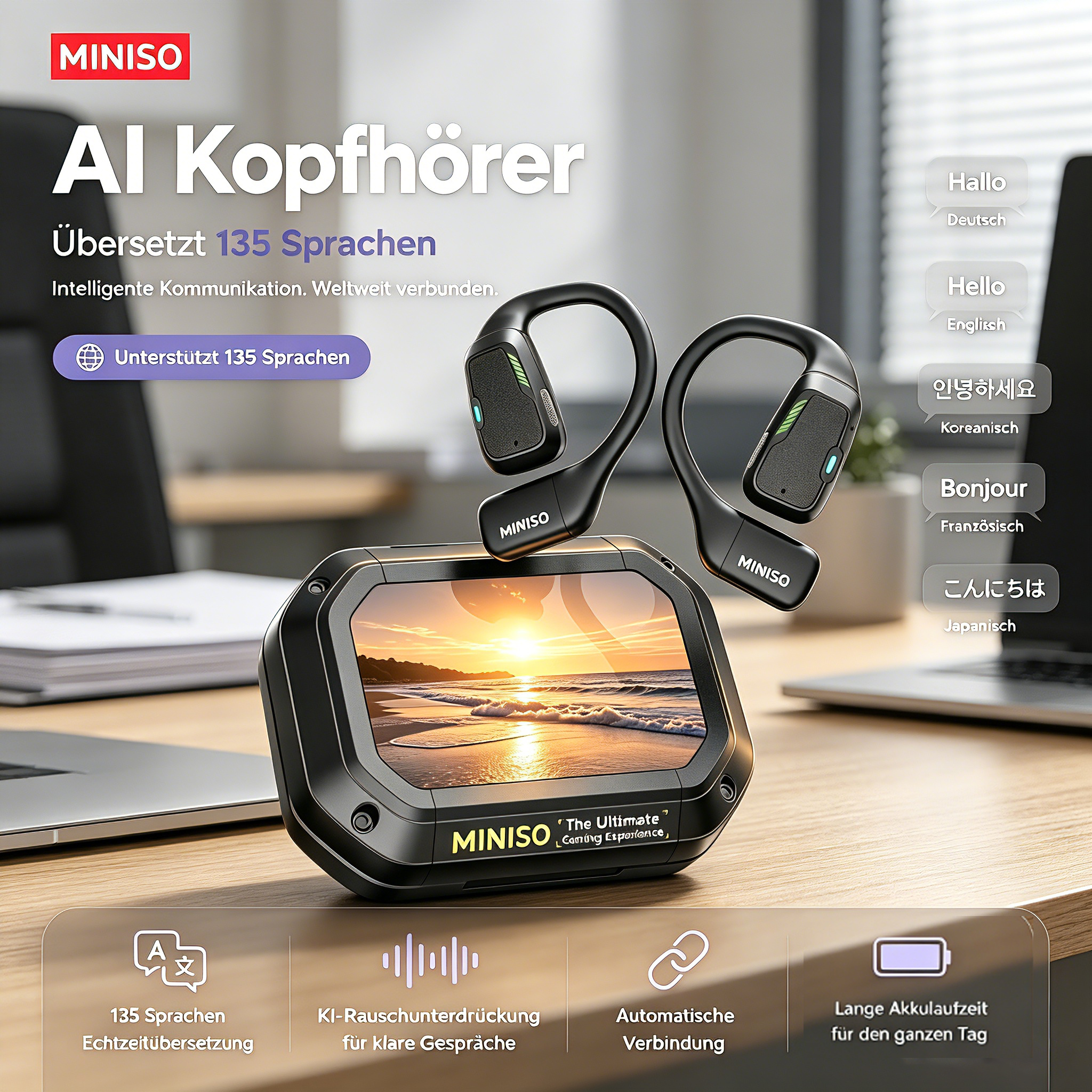 Image of Miniso Ai Translation Wireless Headset - Open-ear Design, Supports 135 Languages With Real-time Translation, Hd Display & Touch Screen, Gaming Headphones, Up To 35 Hours Of , Built-in Microphone
