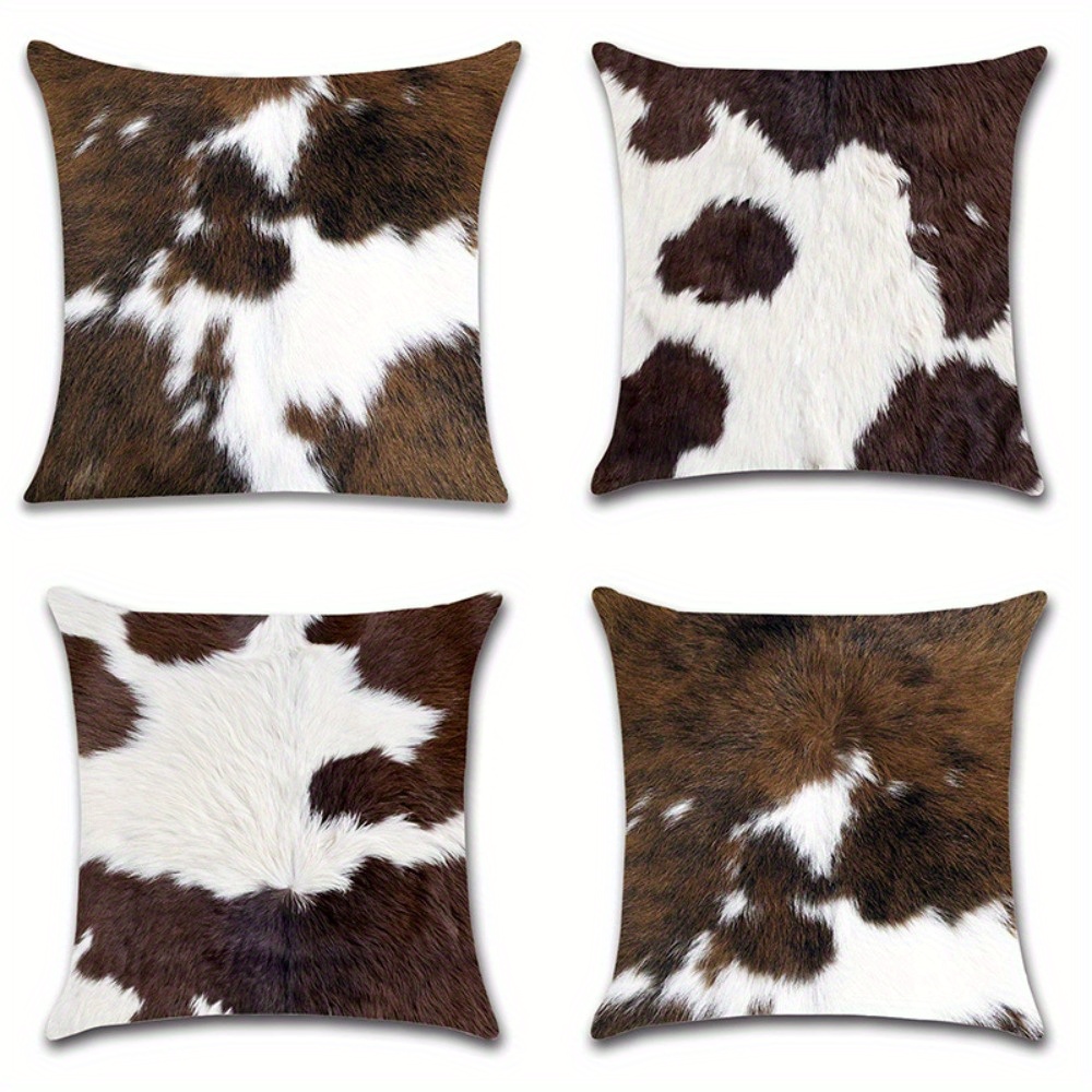 4pcs cow print spotted pattern zipper pillow covers double sided polyester brown   for living room bedroom and sofa decor no insert decorative pillows contemporary style zipper closure decorative pillows for living room Product details 1
