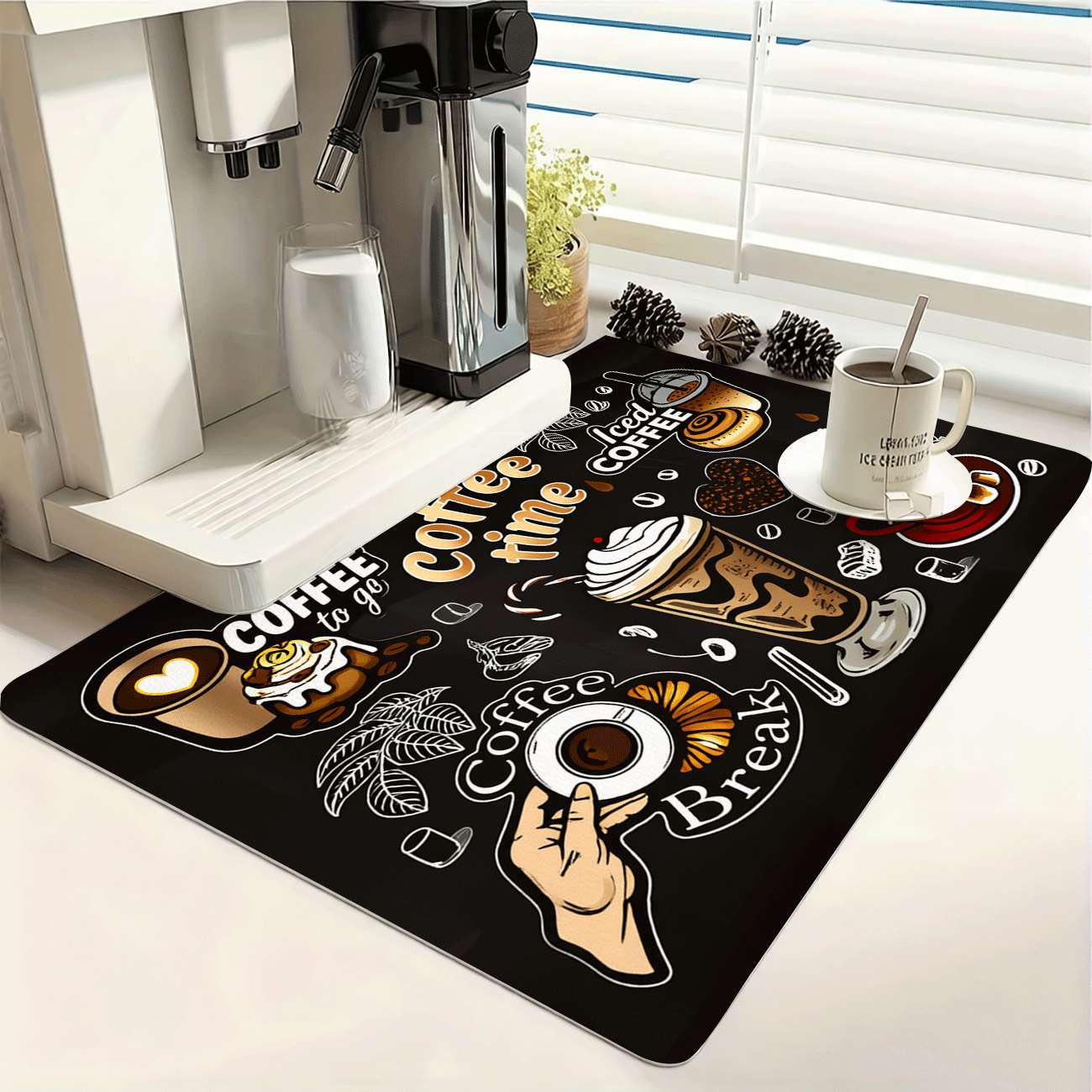 TEMU 1pc Ultra-absorbent Quick-dry Non-slip Kitchen Mat Coffee Mat - Kitchen Countertop Bowl Dish Drying Mat, Coffee Element Fun Sticker Pattern,