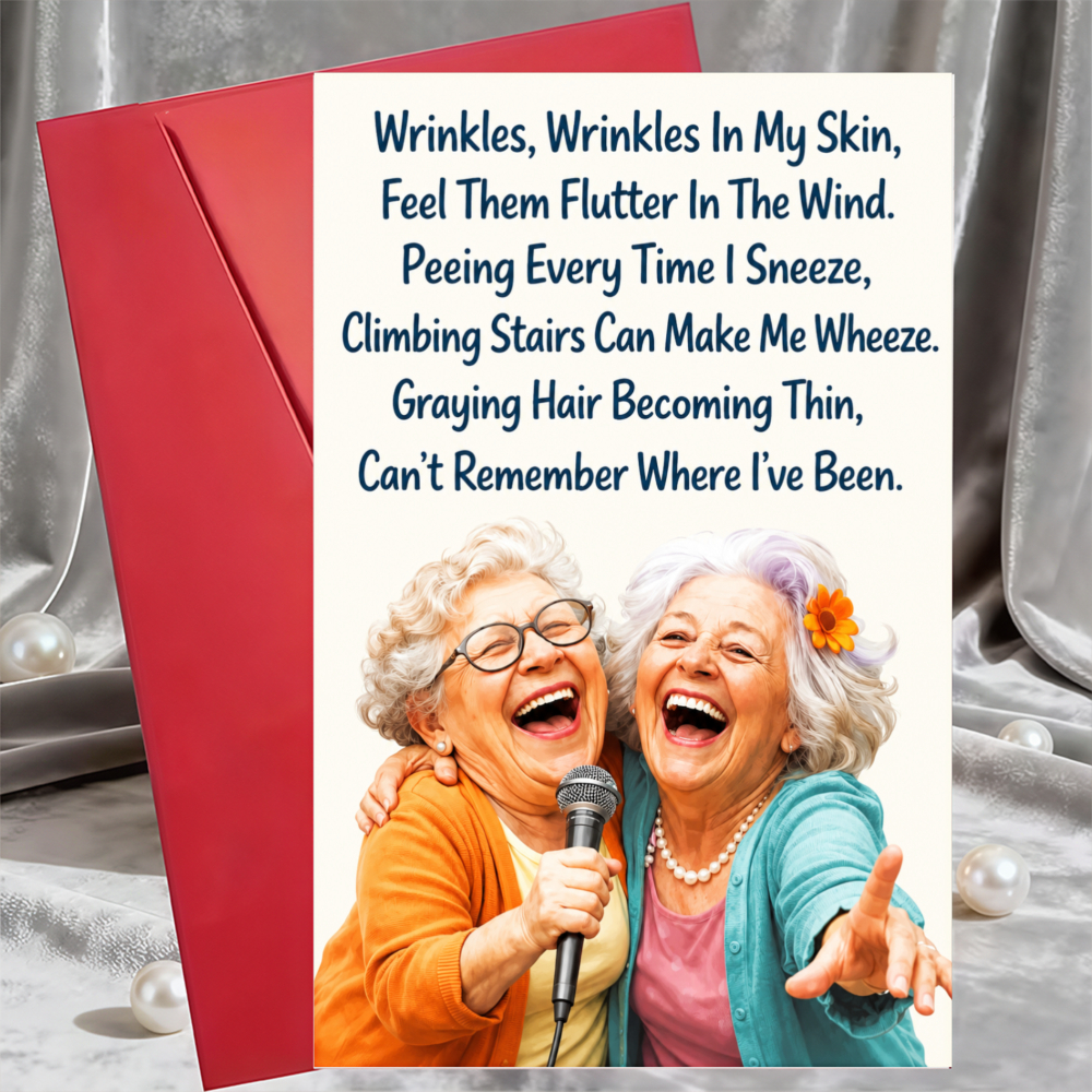 TEMU 1pc Greeting Card And 1pc Envelope. 2d Flat Fun Birthday Card With Envelope, 2 Smiling Elderly Women With Microphones, Humorous Aging Poetry
