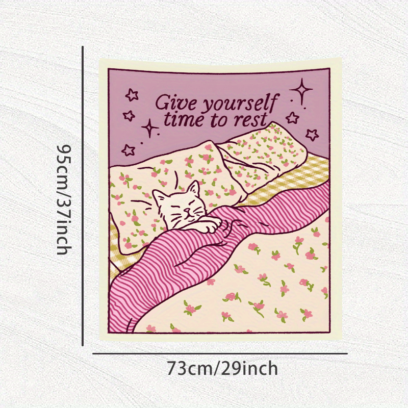 Chic Pink Cat Tapestry With Inspirational Quote And Floral Design_voghion.com