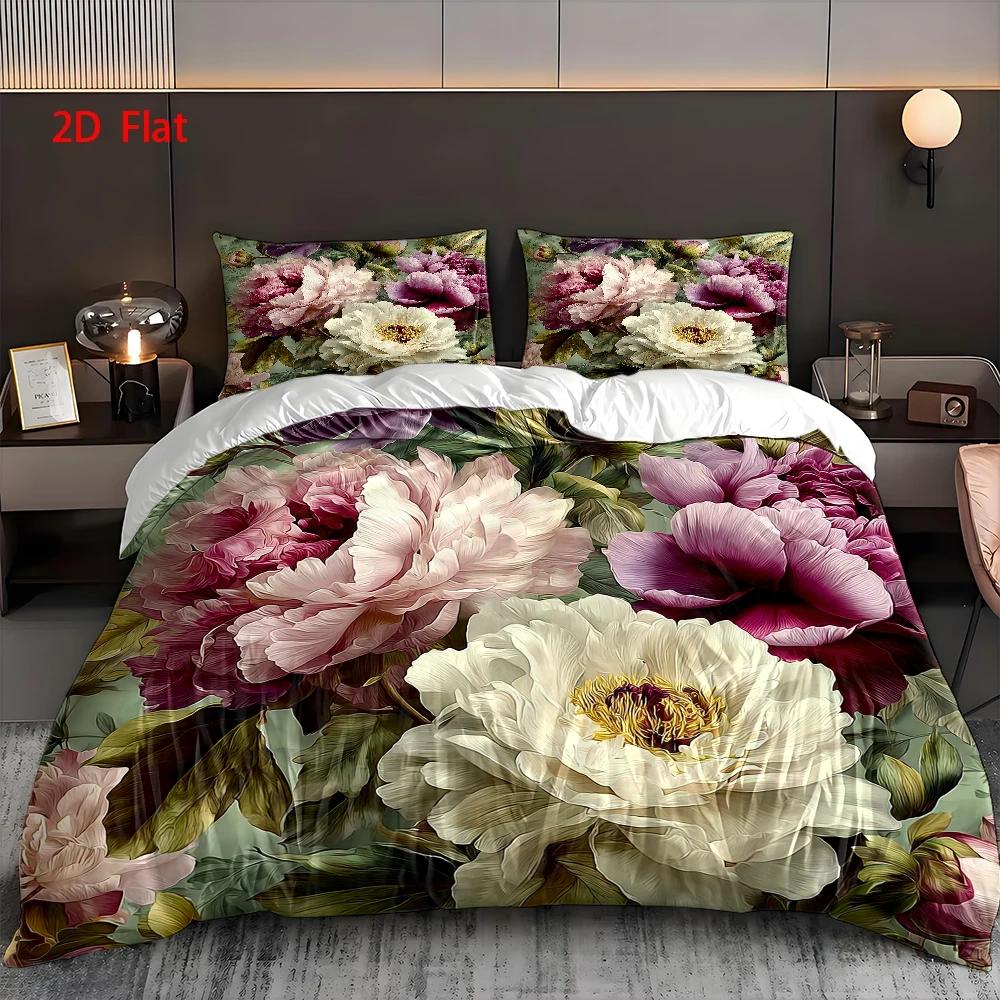 TEMU 3pcs Duvet Cover Set, 1pc Duvet Cover And 2pcs Pillowcases (no Filling) 2d Flat Printing, Duvet Cover Set, Peony Theme Pattern, Classical Oil