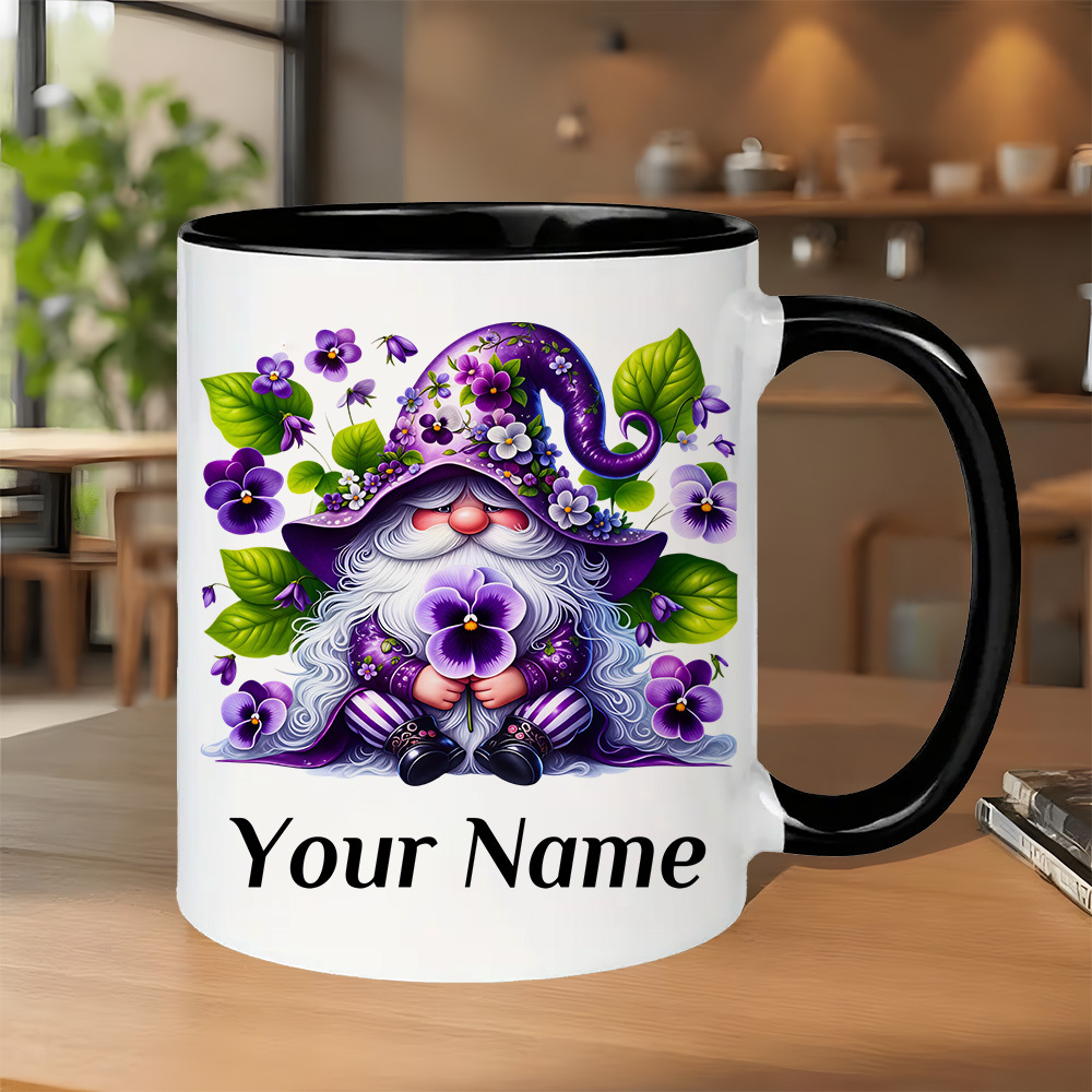 [purple Gnome Mug]1pcs Purple Pansy Gnome 11oz Ceramic Mug | Spring , Custom Name, Dishwasher Safe, Great &