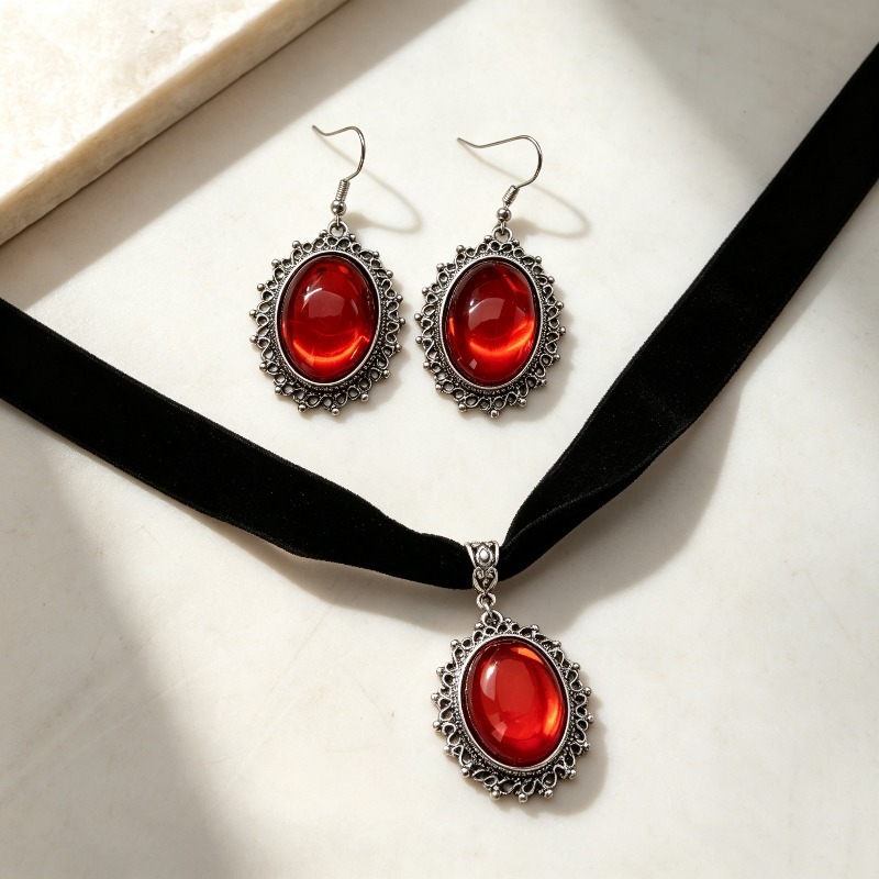 TEMU Conjunto de collar gargantilla y aretes de terciopelo ovalado irregular bohemio gótico para mujer en y , adecuado para vacaciones, fiestas y uso
