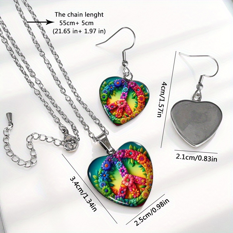 3pcs Hippie Peace Symbol Heart-Shaped Earrings Necklace Set