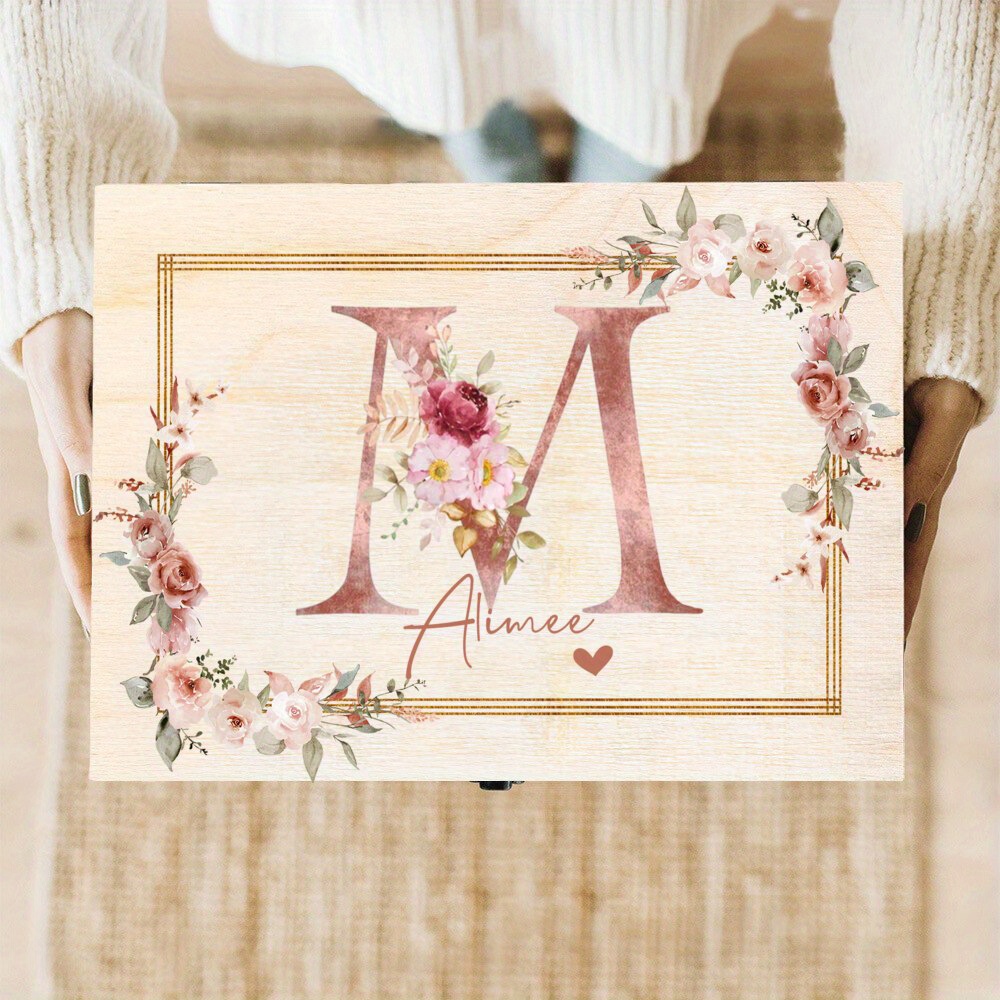 TEMU Customizable Name Or Text, Personalized Wooden Storage Box With Custom Name And Initials - Elegant Floral And Heart-shaped Cutout Design, With