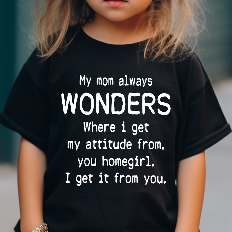 

Cotton Short Sleeve Girl Wondered Where Alphabet Print Comfortable Neck Cotton T-shirt, Ideal Gift For Girls Suitable For Under 12 Years Old,