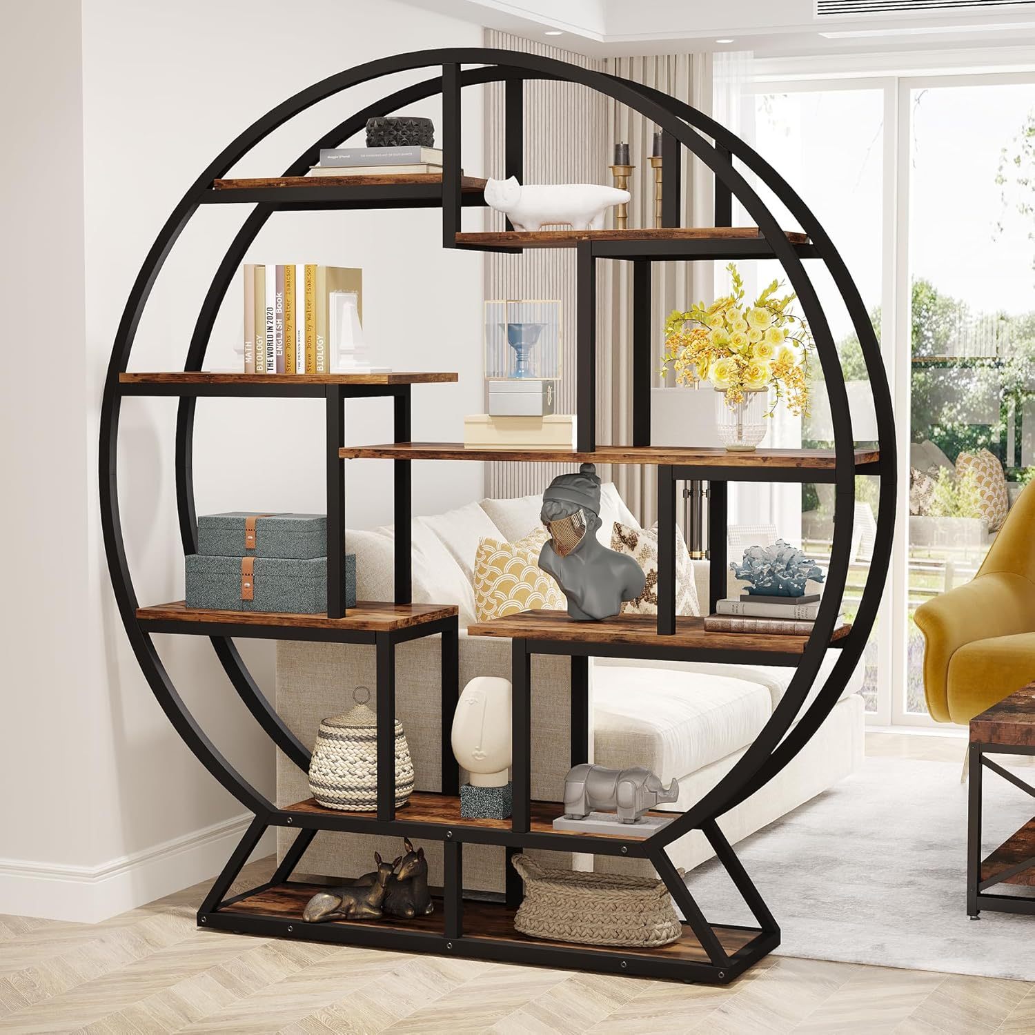 63 Inch Round Industrial Bookshelf - Rustic Wood & Metal Etagere Bookcase with Staggered Shelves, 350lb Capacity, Adjustable Leg Pads, Matte Black & Brown Finish, Open Shelving Organizer for Living Room, Home Office, Bedroom, Kitchen, Bookshelf Decorations, Versatile Display Shelf, Round Silhouette Shelf, Durable Particleboard