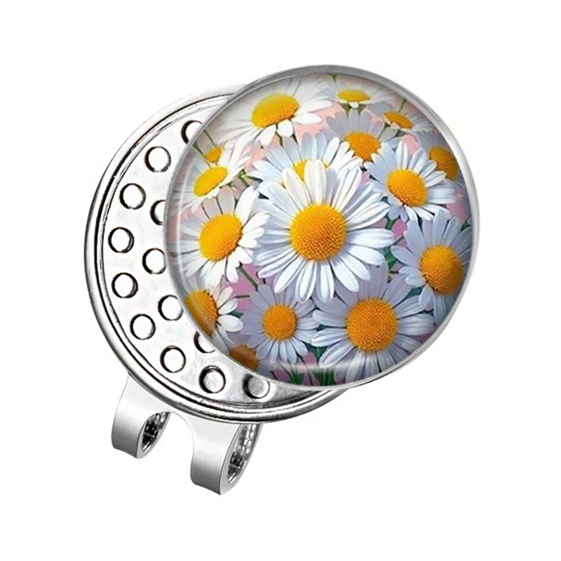 TEMU 1pc Fresh Chamomile Bouquet Round Glass Dome Hat Clip Golf Ball Clip