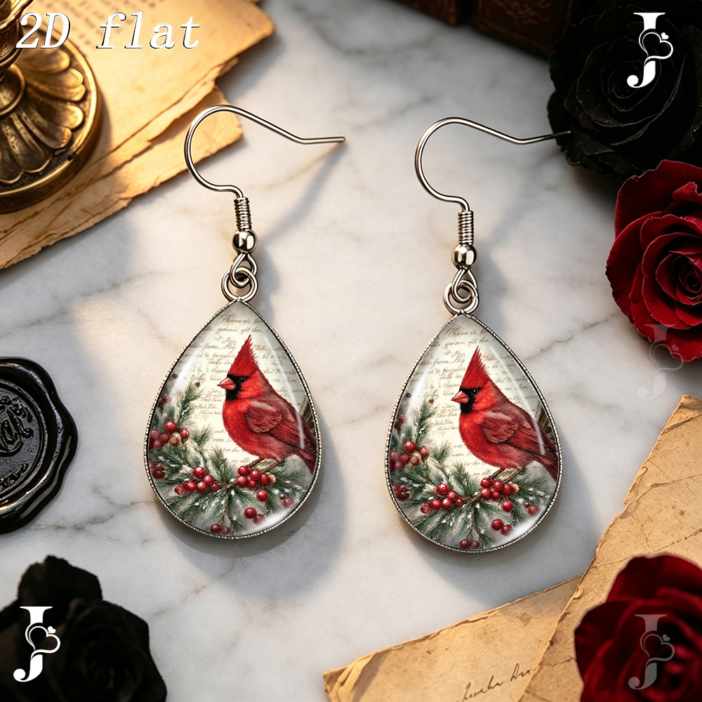 Vintage Cardinal Bird Teardrop Dangle Earrings