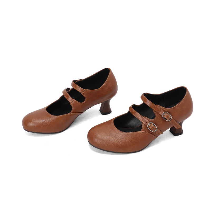 Image of Women's Vintage Elegant Round Toe Double Strap Block Heel Pumps, High Heels, Women Shoes