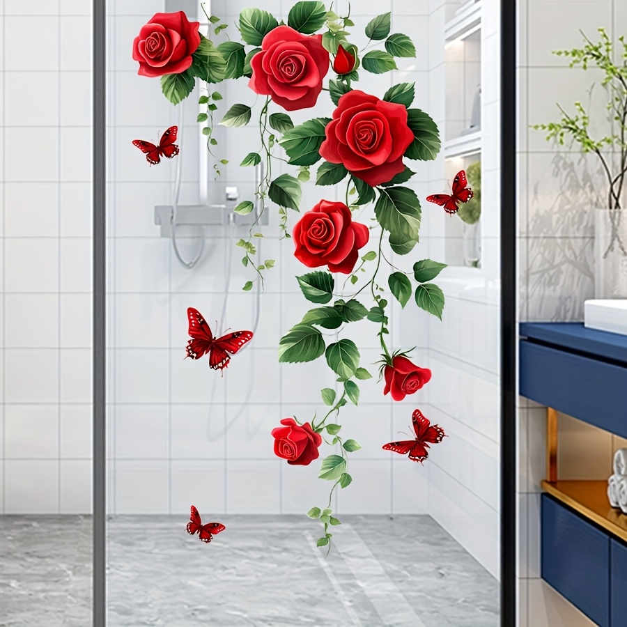 1 bucată autocolant romantic cu   roșu și   pentru geamuri, uși de sticlă, oglinzi, cabine de duș - folie pvc semi-mată, flori neregulate // decalcomanii cu adeziv permanent 1