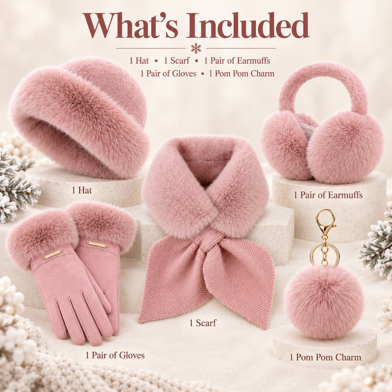 Image of Women's 5pcs Winter Additions Set, Fuzzy Hat, Scarf, Earmuffs, Gloves & Pom Pom Bag Charm, Soft Cozy Cold Weather Matching Set, Gift For Women