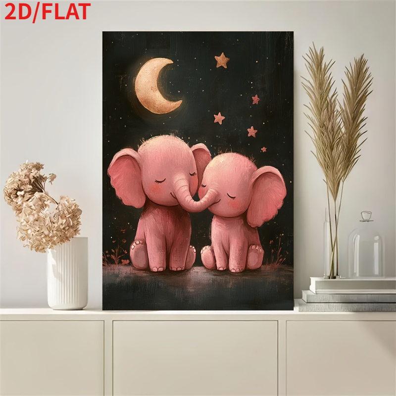 품목 사진 2d 평면, 2d 평면 액자 없는 현대적인 추상 귀여운 핑크 코끼리 달과 별 아래 캔버스 아트 포스터, 몽환적인 캔버스 그림 벽 장식, 거실, 침실, 사무실 장식에 적합 - 2d 평면 프린트, 2d 평면