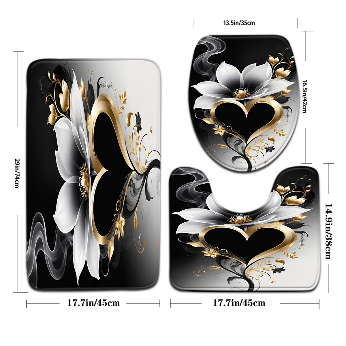 Image of 3pcs Flower Series Bathroom Mat Set In Gray With Gold- Floral Patterns, Including A Toilet Seat Cover And U-shaped Foot Mat