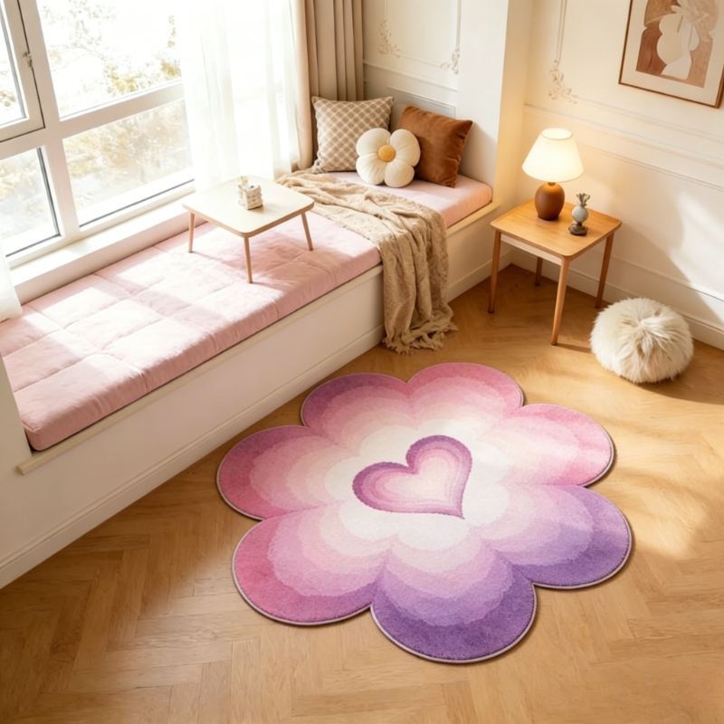 TEMU Imitation Cashmere   900g   9mm Romantic Ambiance Iridescent Pink-purple Gradient Bedside Plush Rug, Korean- Luxury High-end Gradient Heart