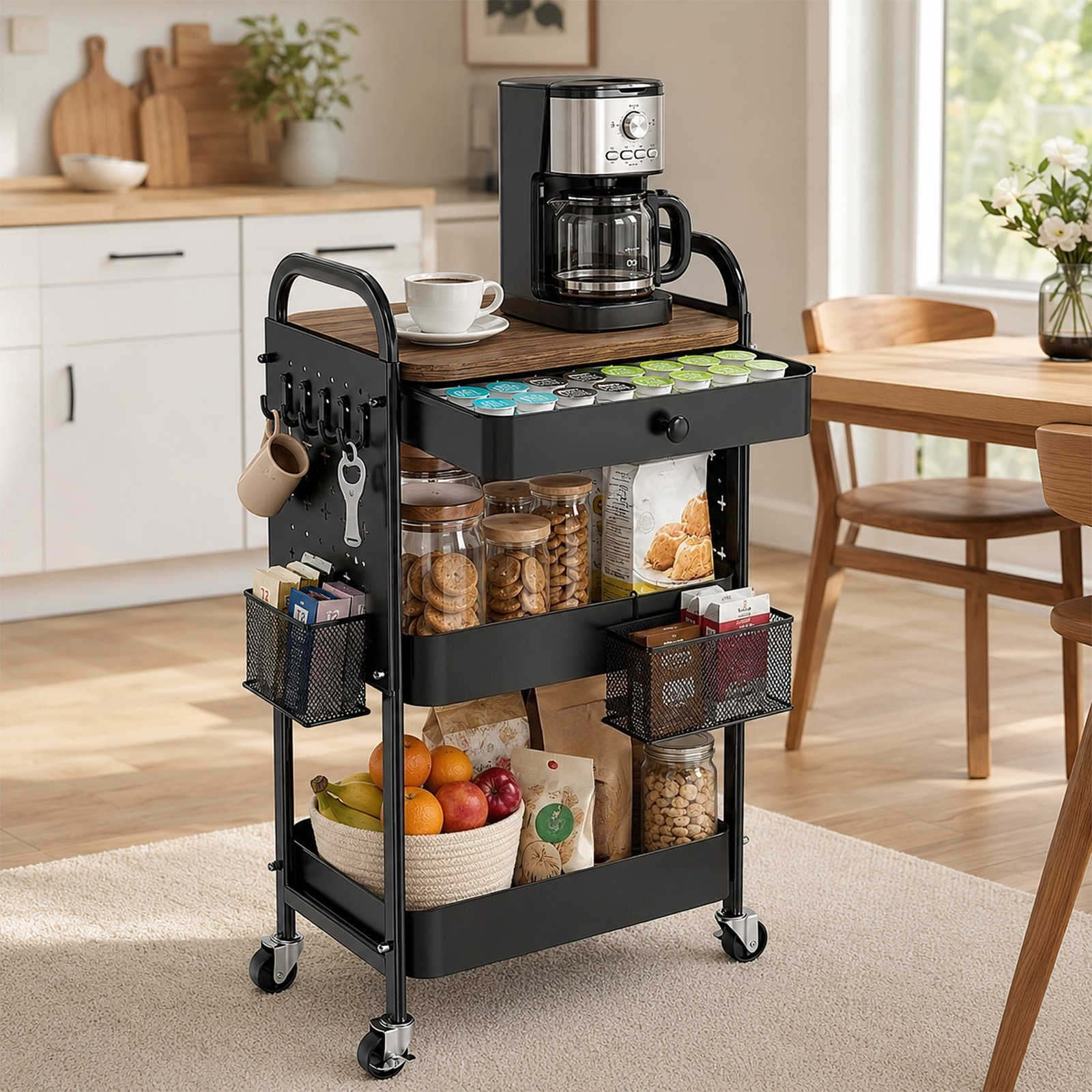 Image of 3-tier Storage Trolley On Wheels, Drawer, Wooden Table Top, Metal Cart, Rolling Cart, Kitchen, Bathroom, Office, Bedroom