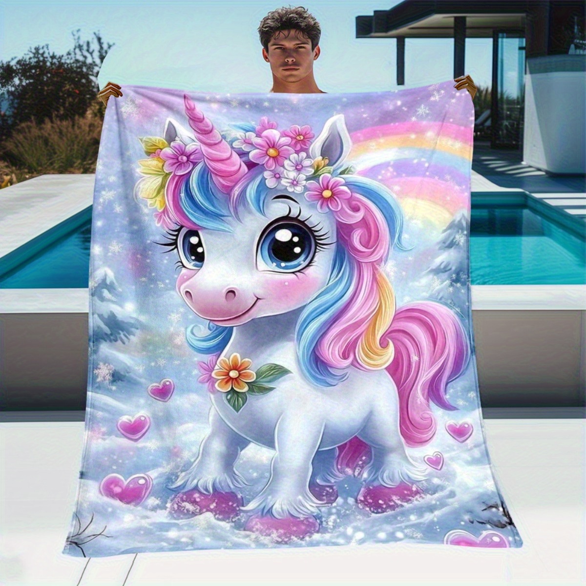 TEMU 1pc Unicorn Blanket - Lightweight Flannel Throw With Vibrant , Blanket For Sofa, Camping, Bed, Office - Machine Washable Cozy Indoor/outdoor