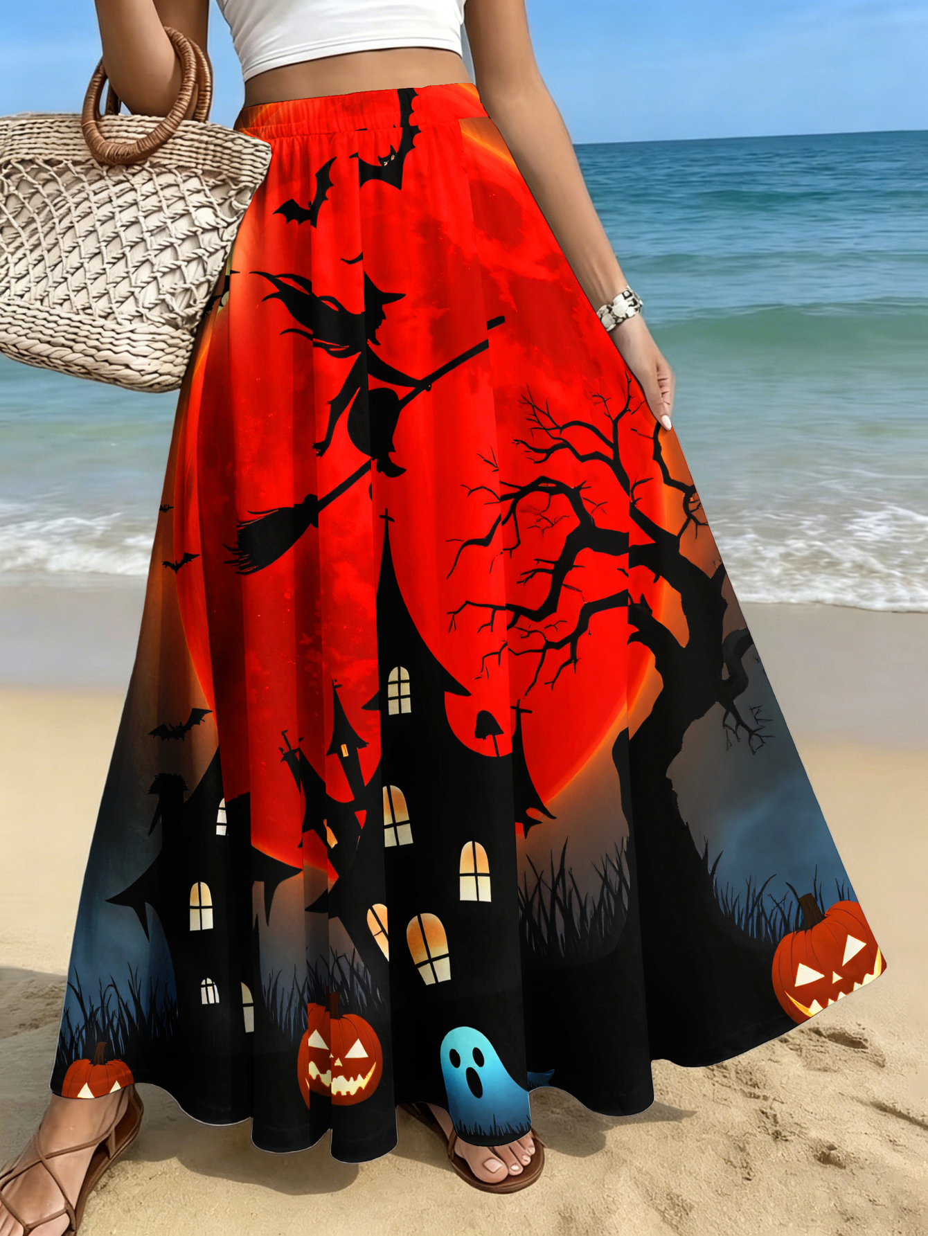 plus size womens elegant fashion skirt casual printed midi dress halloween night   flying pumpkin   pattern   casual date party beach womens skirt summer womens clothing machine washable