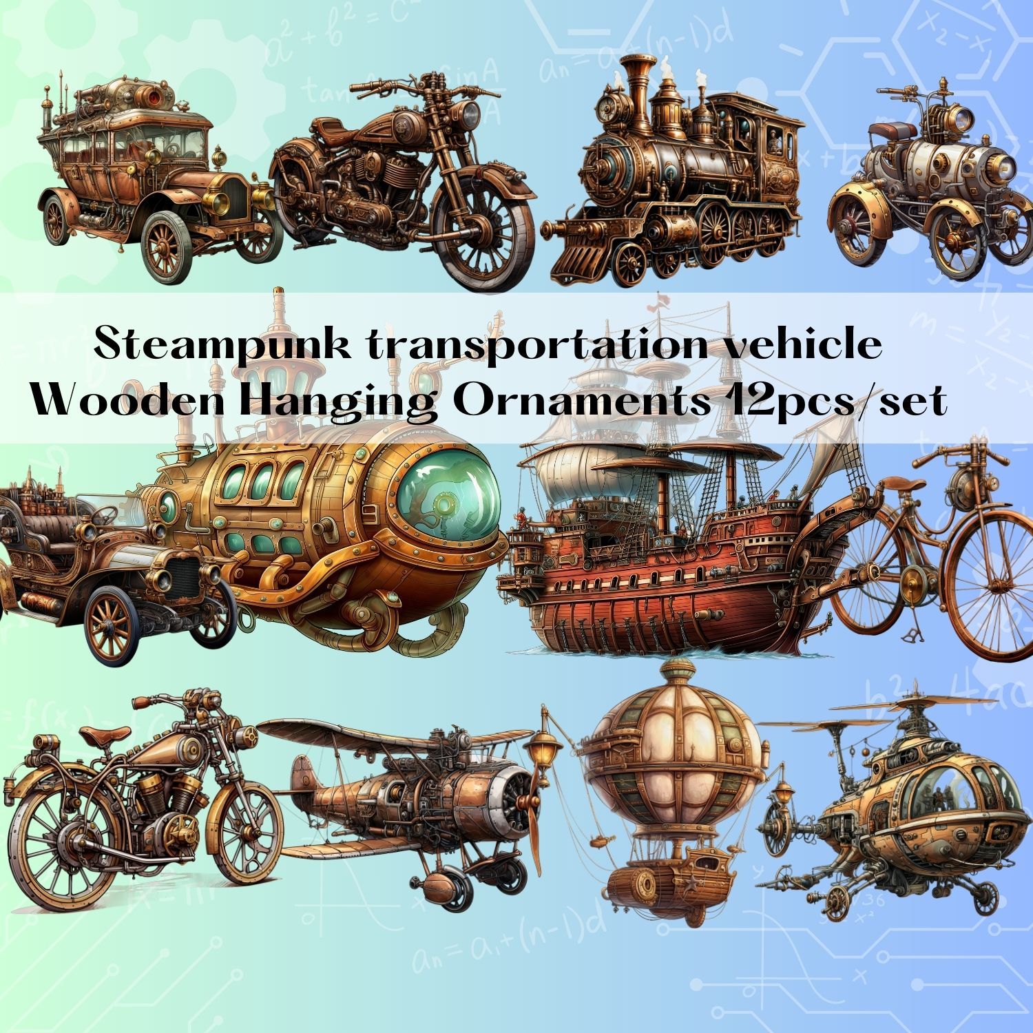 

12pcs Steampunk Wooden Hanging Ornaments Set - Vintage Transportation Themed Decor For Home, Office, Car, And Party Decorations