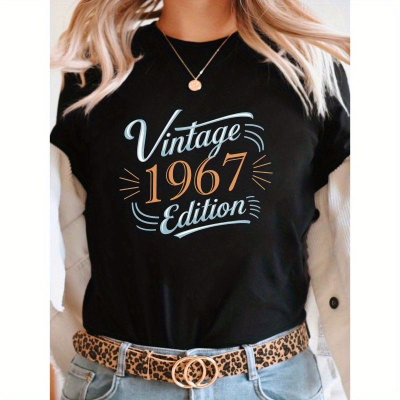 

Retro Version Vintage 1967 Print T-shirt, Short Sleeve Crew Neck Casual Top For Summer & Spring, Women's Clothing