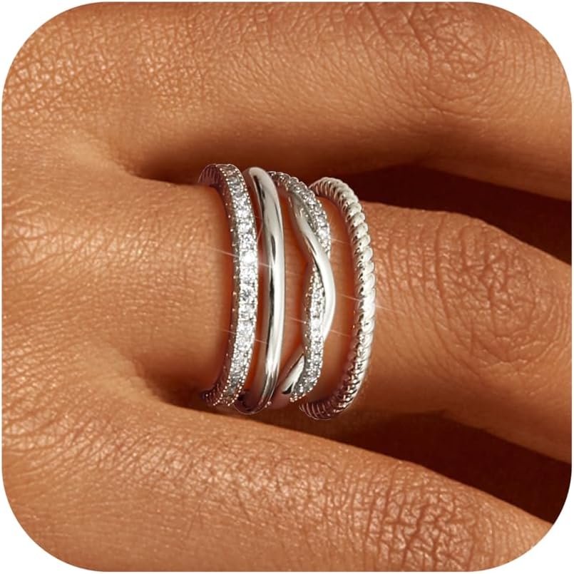 Image of 4pcs Stackable Rings For Women Non Tarnish Dainty Stackable Thin Rings Cubic Synthetic Zirconia Thumb Ring Set Trendy Statement Promise Wedding Bands Engagement Rings For Women Size 5