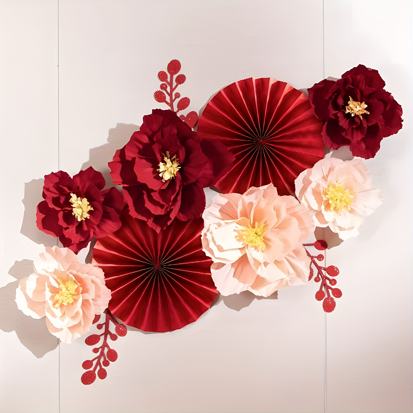 

New Set Of 11 Traditional Style Paper Flowers And Fan Decoration Suit, Pleated Flowers And Round Fan, Used Wedding, Bedroom Background Wall Hangings, No, No Power Supply