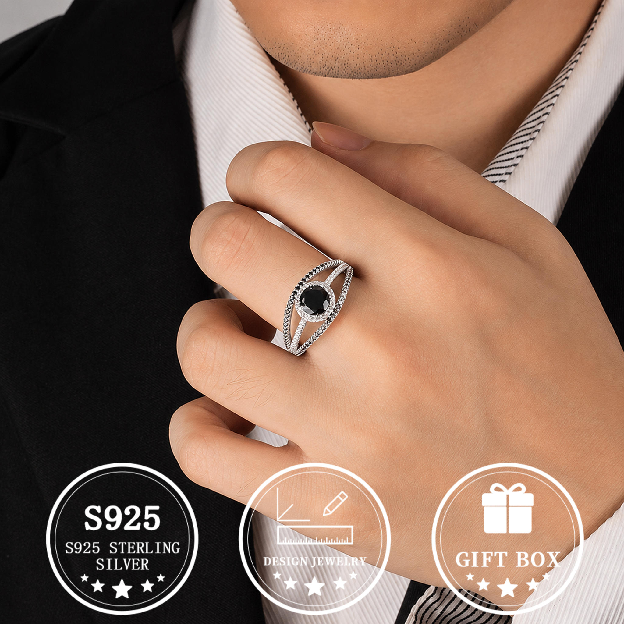 Men's S925 Silvery Devil's Eye Ring with Black & White Zirconia