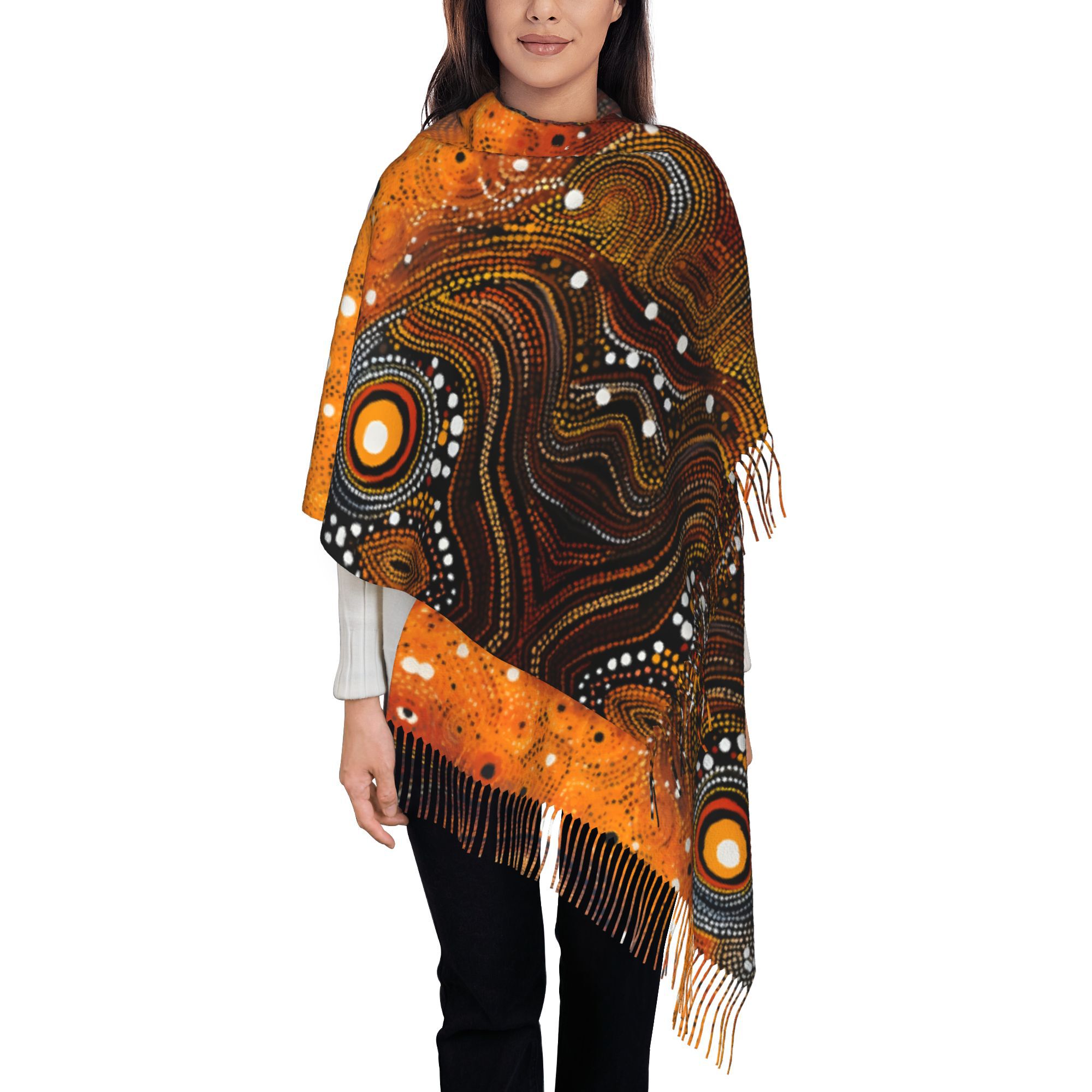 TEMU 2d Print Design Australian Dot Art Tassel Scarf Fashion Style Men's Women's Soft And Warm Decorative Scarf For Daily Dating Vacation Travel And