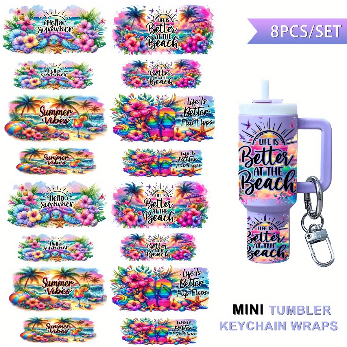 TEMU 8 Sets Uv Dtf Transfer Stickers For Mini Water Bottles & Keychains - High Quality Diy Floral/leaf Patterns, Multicolor Vinyl Iron-on Decals For