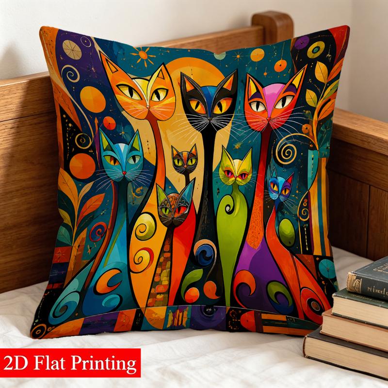 TEMU 1pc 2d Printed Double-sided Pillowcase, Size 45 X 45cm, Colorful Cats Pattern, Modern , Suitable For Living Room, Bedroom, Sofa, Office, No