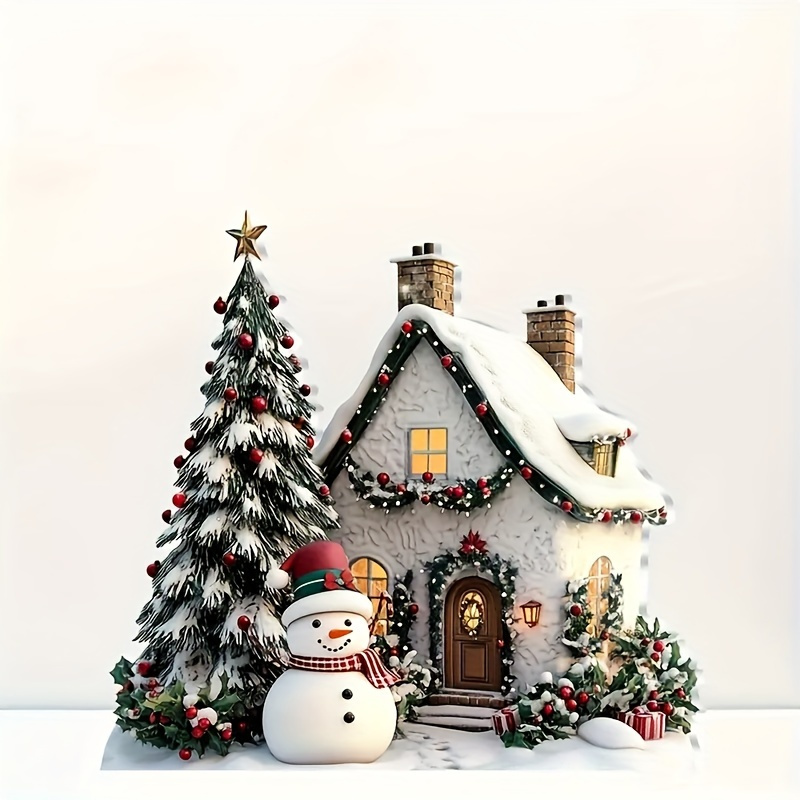 

2d Flat, Traditional Style Acrylic Resin The Christmas Cottage And Snowman Desktop Display Card, Multi-functional Holiday Decoration, Suitable For Home And Office, Snowman Theme, With Stand