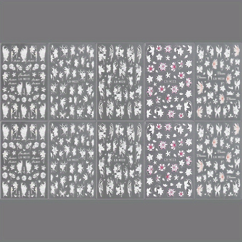 TEMU 10pcs Set Of 5d Floral Nail Art Stickers, White Self-adhesive Plastic Nail Stickers, Matte French Fairy Design, Floral Plant Theme, Single Use, Irregular Shape - Elegant , No Fragrance
