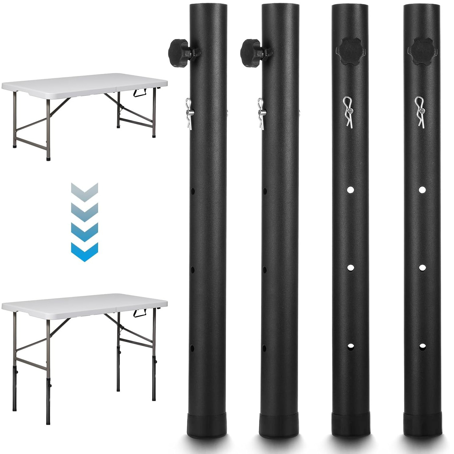 Image of Set Of 4 Steel Folding Table Leg Extenders, 4 Adjustable Height Risers Compatible With Straight And Curved Legs, Ergonomic Table Lifts For Indoor & Outdoor Kitchen Office